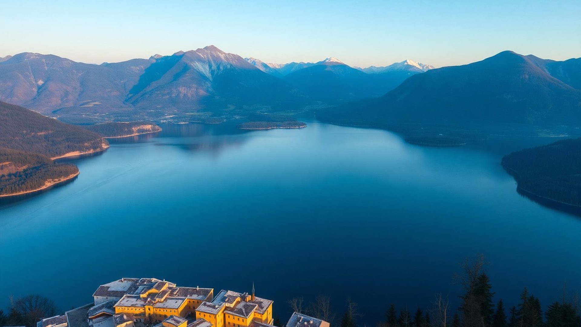 Panoramski pogled na Blejsko jezero ob zori